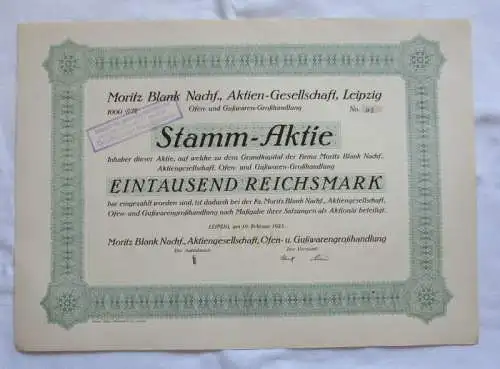 1.000 RM Aktie Moritz Blank Nachf. AG Leipzig 19.02.1925 (146820)