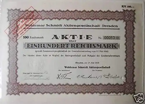 Alte Aktie Woldemar Schmidt AG Dresden 1926 (Mü0626)