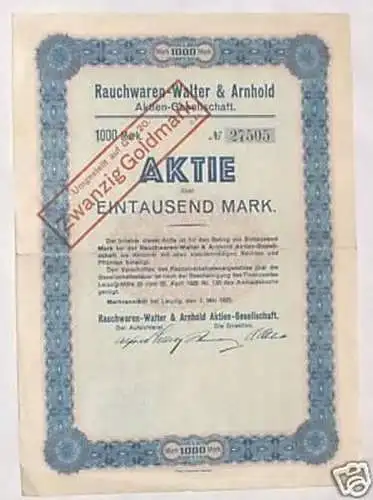 Alte Aktie 1000 Mark Rauchwaren AG Markranstädt 1923