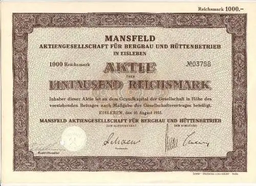 Alte Aktie Mansfeld AG für Bergau und Hüttenbetrieb Eisleben 1000 Mark 1933