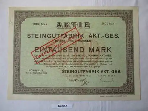 1000 Mark Aktie Steingutfabrik AG Sörnewitz 15. September 1923 (140657)