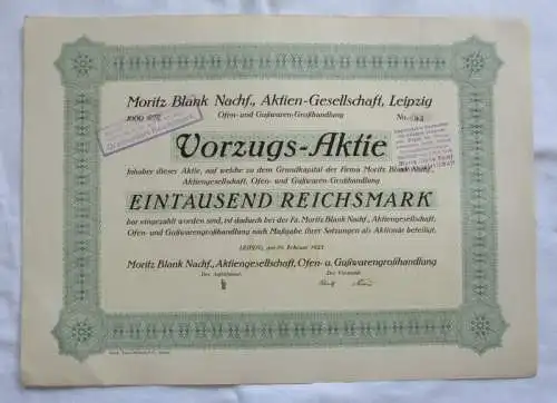 1.000 RM Aktie Moritz Blank Nachf. AG Leipzig 19.02.1925 (146909)