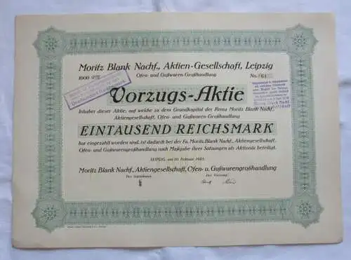 1.000 RM Aktie Moritz Blank Nachf. AG Leipzig 19.02.1925 (146938)