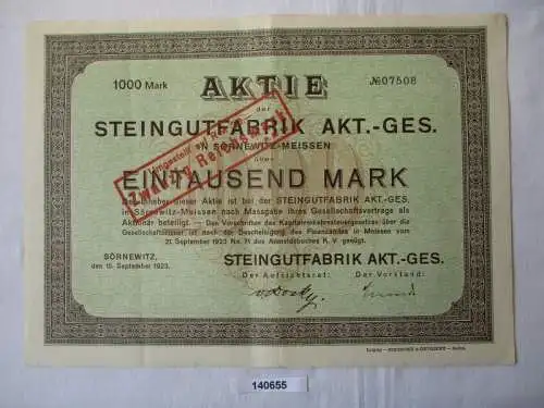 1000 Mark Aktie Steingutfabrik AG Sörnewitz 15. September 1923 (140655)