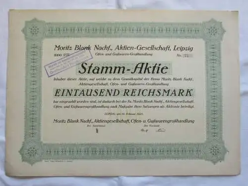 1.000 RM Aktie Moritz Blank Nachf. AG Leipzig 19.02.1925 (147123)