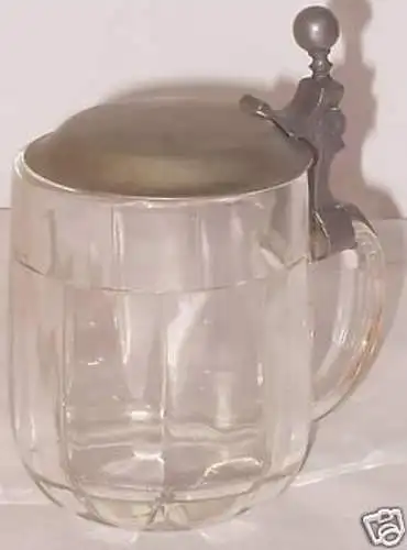 schöner Glas Bier Krug mit Metalldeckel um 1920