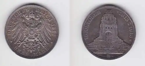 3 Mark Silber Münze Sachsen Völkerschlachtdenkmal Leipzig 1913 vz (105572)