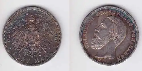 5 Mark Silbermünze Baden Großherzog Friedrich 1900 Jäger 29 f.vz  (108902)