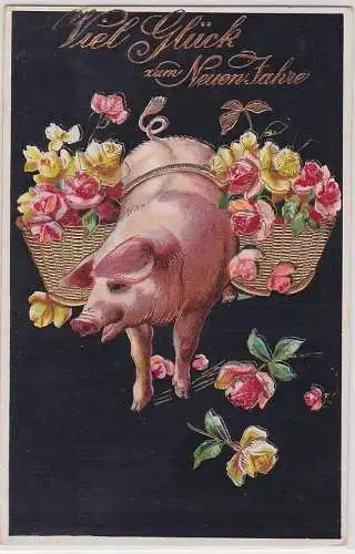 906912 Ak Viel Glück zum Neuen Jahr - Schwein mit Körben voller Rosen 1911