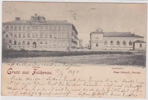 903474 Ak Gruss aus Falkenau - Schule und Turnhalle 1898