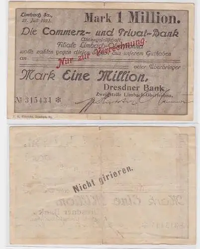 1 Million Mark Banknote Commerz & Privatbank Limbach 27.7.1923 (121505)