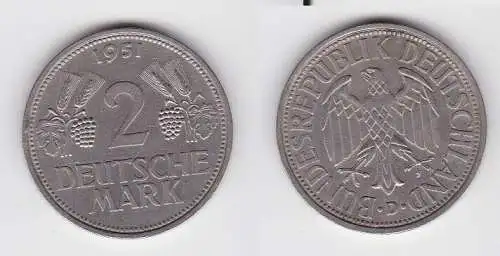 2 Mark Nickel Münze BRD Trauben und Ähren 1951 D (130219)