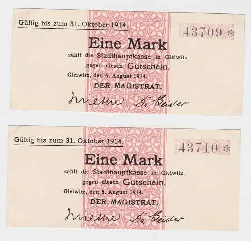 2 x 1 Mark Banknoten Notgeld Stadthauptkasse Gleiwitz 1914 (132795)