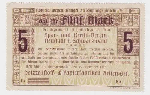 5 Mark Banknote Notgeld Sparverein Neustadt im Schwarzwald 15.11.1918 (132902)