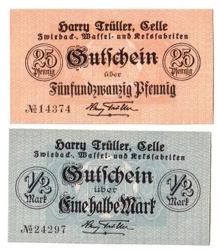 25 Pfennig & 1/2 Mark Banknoten Celle Harry Trüller Zwieback 1.4.1918 (110253)