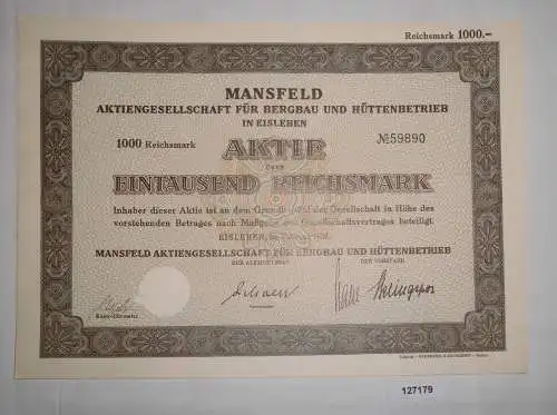 1000 RM Aktie Mansfeld AG für Bergbau und Hüttenbetrieb Eisleben 1937 (127179)