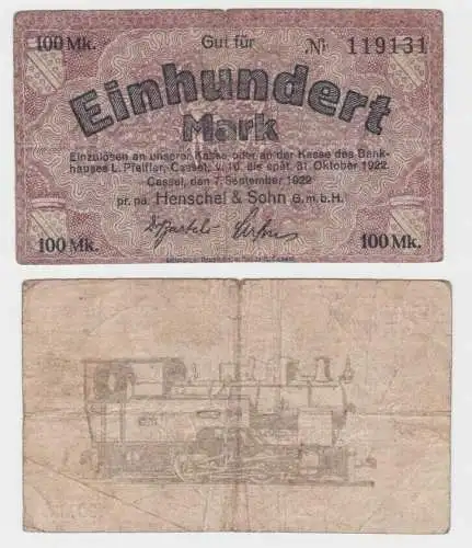 100 Mark Banknote Notgeld  Cassel Henschel & Sohn 7.9.1922 (140330)