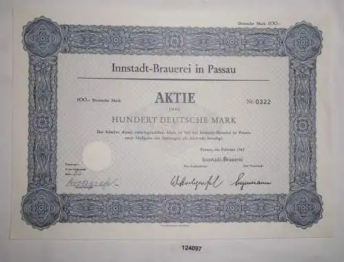 100 Mark Aktie Innstadt-Brauerei Passau Februar 1963 (124097)