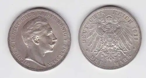 3 Mark Silbermünze Preussen Kaiser Wilhelm II 1911 A Jäger 103 ss+ (150246)