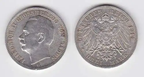 3 Mark Silbermünze Baden Großherzog Friedrich II 1914 Jäger 39 ss+ (142641)