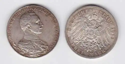 3 Mark Silbermünze Preussen Kaiser Wilhelm II in Uniform 1913 Jäger 112 (150557)