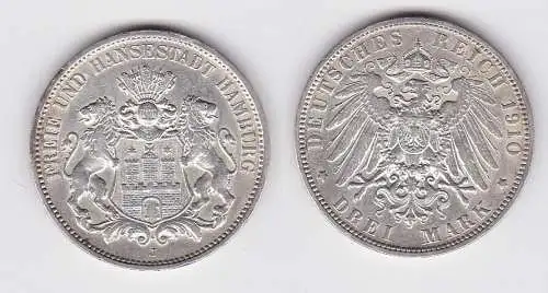 3 Mark Silbermünze Freie und Hansestadt Hamburg 1910 Jäger 64 f.vz (150248)