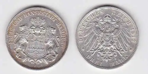 3 Mark Silbermünze Freie und Hansestadt Hamburg 1912 Jäger 64 f.vz (150628)