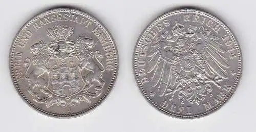 3 Mark Silbermünze Freie und Hansestadt Hamburg 1914 Jäger 64 f.vz (150136)