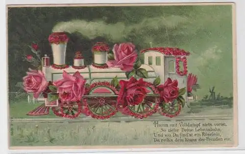 38202 Präge AK Glückwunsch Geburtstag Lok mit Blumen 1907