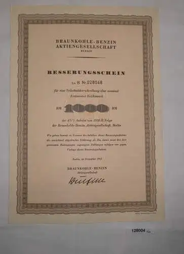 1000 Mark Aktie Braunkohlen Benzin AG Berlin Dezember 1963 (128004)