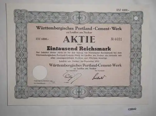 1000 Reichsmark Aktie Württembergisches Portland-Cement-Werk Dez. 1941 (128042)