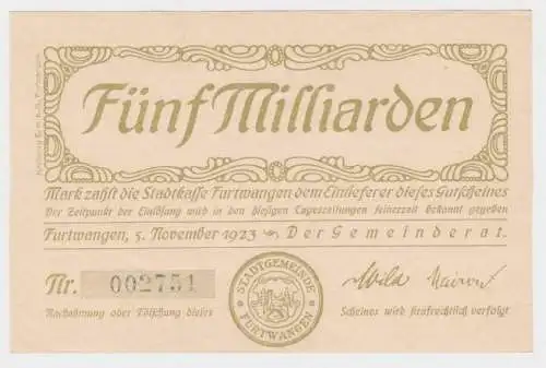 5 Milliarden Mark Banknote Gemeinderat Furtwangen 5.11.1923 (140061)