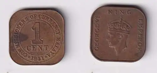 1 Cent Kupfer Münze Britisch Malaya 1941 (130056)