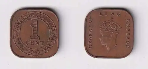 1 Cent Kupfer Münze Britisch Malaya 1943 (133020)