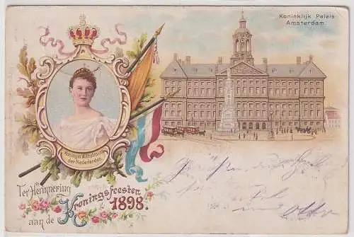 17418 Ak Litho Amsterdam Palast Koninklijk Paleis Kronenfest Kroningsfeesten1898