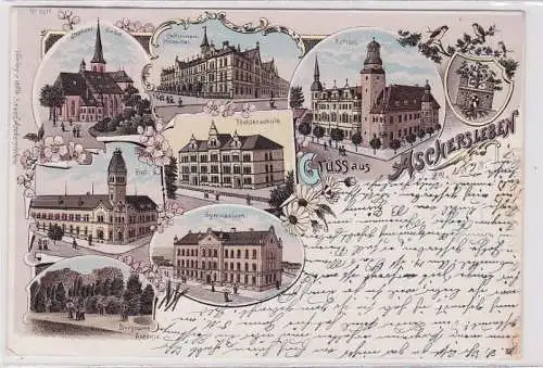 91468 Lithografie AK Gruss aus Aschersleben, Rathaus, Kirche, Gymnasium & Post