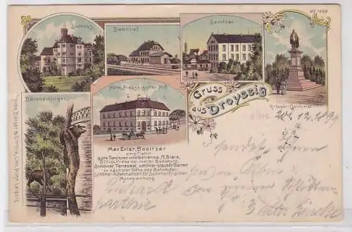 66958 AK Gruss aus Droyssig - Bahnhof, Seminar, Denkmal, Schloss & Hotel 1899