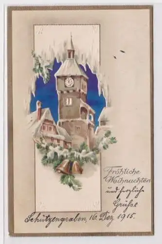 96915 geprägte Feldpost Ak Fröhliche Weihnachten: Kirchturm und Glocken