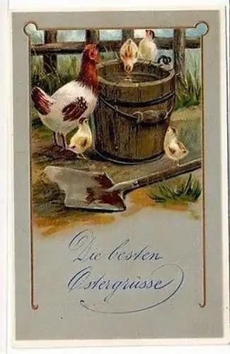 65720 Fröhliche Oster Präge Ak Huhn mit Küken mit Eimer und Schaufel um 1900