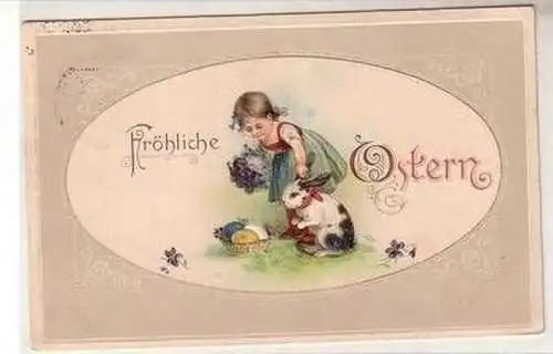 17844 Präge Oster Ak Mädchen mit Häschen und Ostereiern 1914