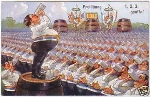 27017 Bier Humor Ak Freiübung 1, 2, 3 gsuffa! um 1920