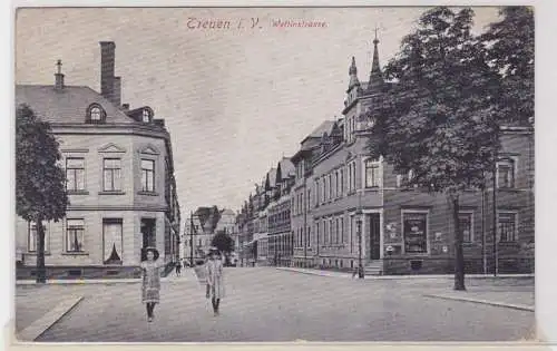 91247 AK Treuen i.V., Wettinstrasse, Straßenansicht m. Kindern & Geschäften 1916