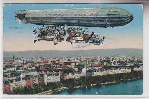 71218 Humor Ak Zeppelin über Chemnitz Linie Friedrichshafen-Memel 1913