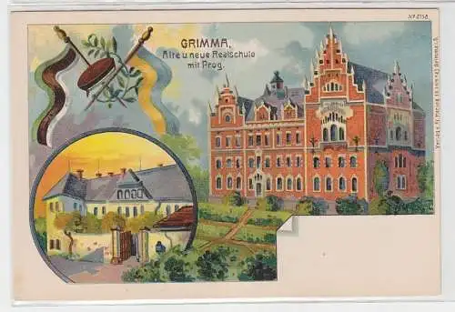 70395 Studentika Ak Grimma alte und neue Realschule mit Prog. um 1900