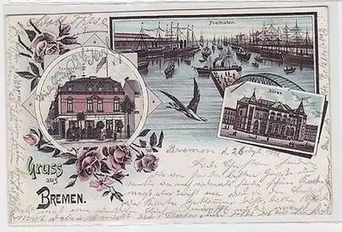 63666 Ak Lithographie Gruß aus Bremen Restaurant "Borkum", Freihafen, Börse 1898