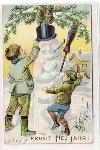 50768 Neujahrs Präge Ak 2 Kinder bauen Schneemann 1908