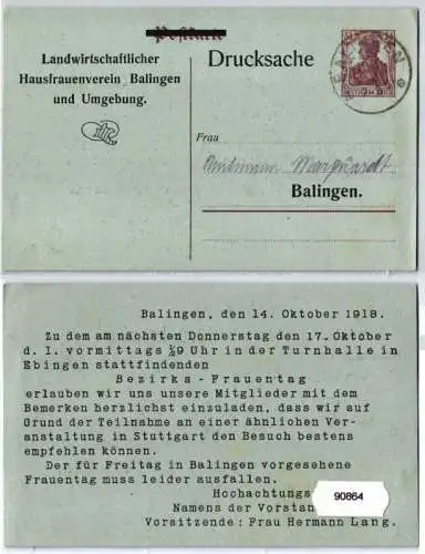 90864 DR Ganzsachen Postkarte P109 Zudruck Landw. Hausfrauenverein Balingen 1918