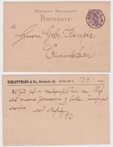 90560 DR Ganzsachen Postkarte P10 Zudruck Schlottmann & Co. Berlin 1882