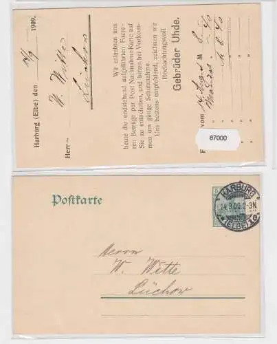 87000 DR Ganzsache Postkarte P78 Zudruck Gebrüder Uhde Harburg (Elbe) 1909