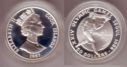 50 Dollar Silber Münze Cook Inseln Olympiade Seoul 1988 Fackelläufer, 1987